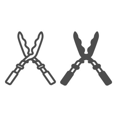 Bahçe çiti makasları, makas, alet çizgisi ve katı ikon, bahçıvanlık konsepti, beyaz arka planda budama makası vektör işareti, mobil konsept ve web tasarımı için taslak tarzı simge. Vektör grafikleri.