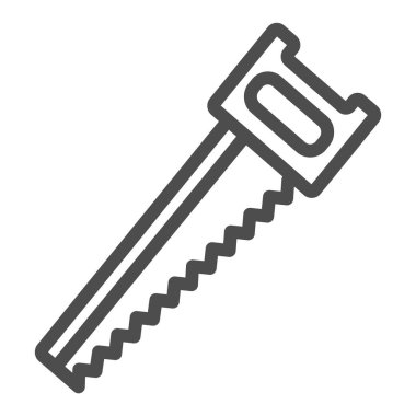 Testere aracı, demir testeresi çizgisi ikonu, bahçe konsepti, beyaz arka planda el testeresi vektör işareti, mobil konsept ve web tasarımı için taslak biçimi simgesi. Vektör grafikleri.