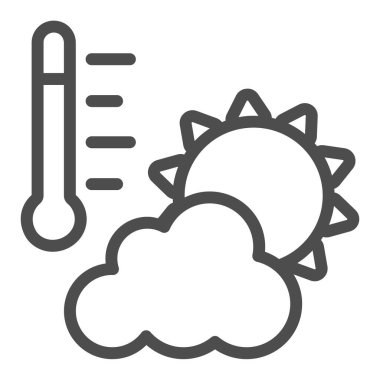 Hava durumu, termometre, güneş, parçalı bulutlu çizgi ikonu, hava durumu konsepti, beyaz arka planda sıcaklık vektör işareti, mobil konsept ve web tasarımı için taslak biçimi simgesi. Vektör grafikleri.