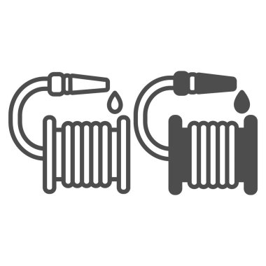 Sulama hortumu ve su damlatma hattı ve katı ikon, bahçe konsepti, beyaz arka planda hortum vektör işareti, mobil konsept ve web tasarımı için tasarım tasarımı için taslak tarzı simge. Vektör grafikleri.