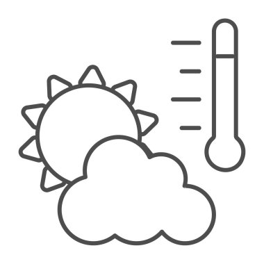 Hava durumu, termometre, güneş, parçalı bulutlu çizgi ikonu, hava durumu konsepti, beyaz arka planda sıcaklık vektör işareti, mobil konsept ve web tasarımı için taslak tarzı ikon. Vektör grafikleri.