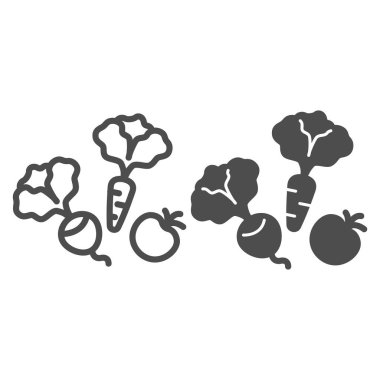 Sebzeler, pancar, havuç ve domates kuyruğu ve katı ikon, bahçıvanlık konsepti, arka planda sebze vektör işareti, mobil konsept ve web tasarımı için tasarım tasarımı için taslak stili ikonu. Vektör grafikleri.