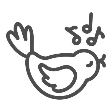 Müzikal nota çizgisi ikonu, bahçıvanlık konsepti ile şarkı söyleyen kuş, beyaz arka planda şarkı söyleyen vektör işareti, mobil konsept ve web tasarımı için taslak tarzı ikon. Vektör grafikleri.