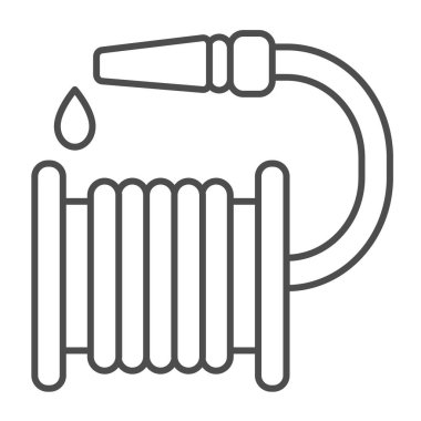 Sulama hortumu ve su damlası ince çizgi ikonu, bahçe konsepti, beyaz arka planda hortum vektör işareti, mobil konsept ve web tasarımı için taslak tasarımı. Vektör grafikleri.