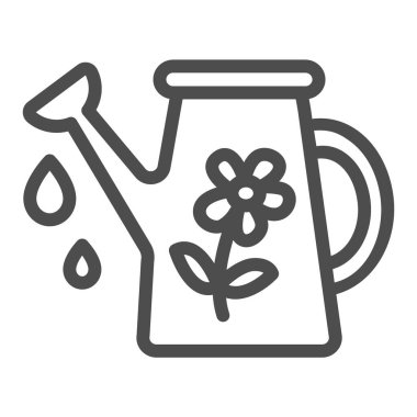 Çiçek ve su damlaları çizgisi olan teneke kutular, bahçe konsepti, beyaz arka planda esrar vektör işareti sulama, mobil konsept ve web tasarımı için tasarım tasarımı için taslak tarzı simge. Vektör grafikleri.