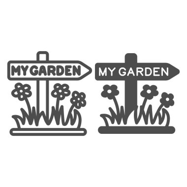 Bahçe tabelaları, çiçek çizgili ok işareti ve katı ikon, bahçe konsepti, beyaz arka planda bahçe işaretçisi işareti, mobil konsept ve web tasarımı için taslak biçimi simgesi. Vektör grafikleri.