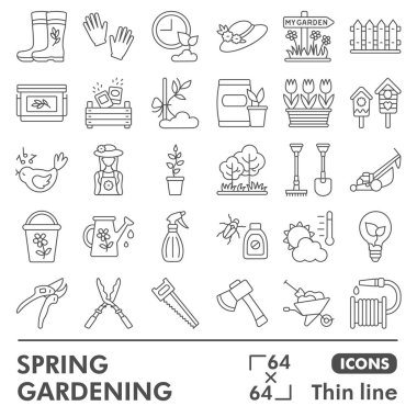 Bahçe çizgisi simgesi seti, tarımsal semboller koleksiyonu veya çizimleri. Bahar bahçıvanlığı ağ ve uygulama için ince çizgisel tabelalar. Beyaz arkaplanda izole edilmiş vektör grafikleri.