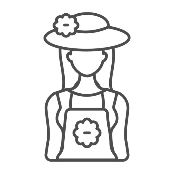 Fille jardinière dans le chapeau et tablier icône de ligne mince, concept de jardinage, signe vecteur de jardinière femelle sur fond blanc, icône de style contour pour concept mobile et conception web. Graphiques vectoriels. — Image vectorielle