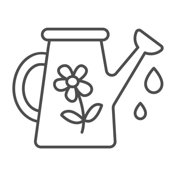 Arrosoir avec fleur et gouttes d'eau fine icône de ligne, concept de jardinage, signe vecteur de pot d'arrosage sur fond blanc, icône de style contour pour concept mobile et conception web. Graphiques vectoriels. — Image vectorielle