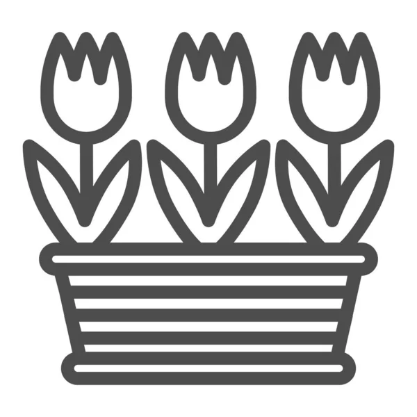 Květináč s ikonou tulipánů, koncept zahrádkářství, tři tulipány v květináči na bílém pozadí, ikona ve stylu osnovy pro mobilní koncept a web design. Vektorová grafika. — Stockový vektor