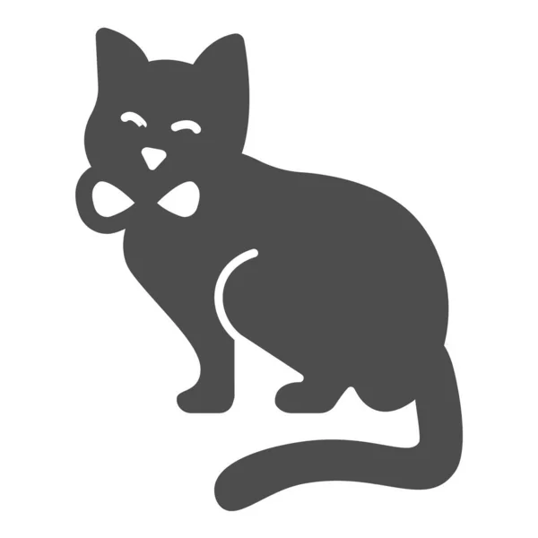 Сидящий кот с луком, котенок твердый значок, домашние животные концепции, котенок сидит векторный знак на белом фоне, иконка в стиле глифа для мобильного концепта и веб-дизайна. Векторная графика. — стоковый вектор