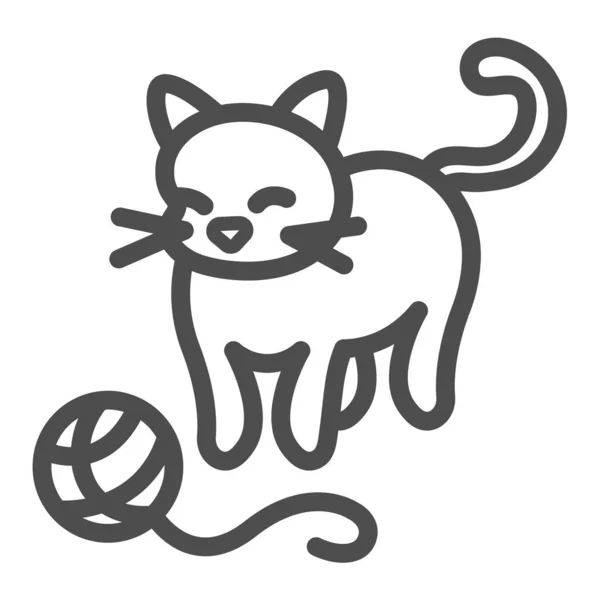 Кіт, кошеня грає з значком лінії, концепція домашніх тварин, кошеня і пряжа кульковий векторний знак на білому тлі, контурний значок стилю для мобільної концепції та веб-дизайну. Векторна графіка . — стоковий вектор