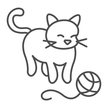 Cat, kedicik ince çizgi ikonu, evcil hayvan konsepti, beyaz arka planda kedi yavrusu ve iplik topu taşıyıcı işareti, mobil konsept ve web tasarımı için taslak stil ikonu ile oynar. Vektör grafikleri.