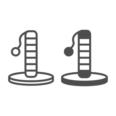 Top ile evcil kedi tırmalayıcı ağacı, çizik sonrası çizgi ve katı ikon, evcil hayvan konsepti, beyaz arka planda kedi oyuncakları vektör işareti, mobil konsept ve web tasarımı için tasarım tasarımı için taslak tarzı simge. Vektör grafikleri.