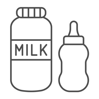Süt şişesi, kedi yavrusu ya da köpek maması, beslenme çizgisi ikonu, evcil hayvan konsepti, beyaz arka planda kedi maması vektör işareti, mobil konsept ve web tasarımı için taslak tarzı simge. Vektör grafikleri.