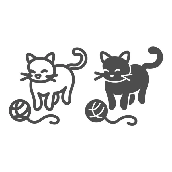 Cat, koťátko hraje s clew linkou a pevnou ikonou, pojetí mazlíčků, koťátko a příze míč vektorové znaménko na bílém pozadí, obrys styl ikony pro mobilní koncept a web design. Vektorová grafika. — Stockový vektor