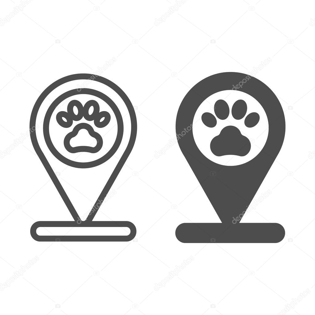 Location pin with pet paw print line and solid icon, pets concept, map pointer with pawprints vector sign on white background, outline style icon for mobile concept and web design. Vector graphics.