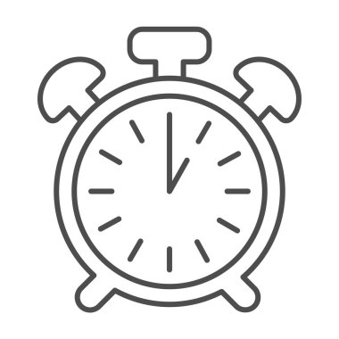 Düğmeli klasik alarm saati, 13: 00, 1: 00 ince çizgi simgesi, zaman kavramı, beyaz arka planda saat vektör işareti, mobil konsept ve web tasarımı için taslak biçimi simgesi. Vektör grafikleri.