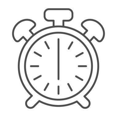 Düğmeli klasik alarm saati, saat 18: 00, sabah 6: 00 ince çizgi simgesi, zaman kavramı, beyaz arka planda saat vektör işareti, mobil konsept ve web tasarımı için taslak biçimi simgesi. Vektör grafikleri.