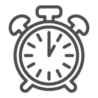 Düğmeli klasik alarm saati, saat 13: 00, saat çizgisi simgesi, zaman kavramı, beyaz arka planda saat vektör işareti, mobil konsept ve web tasarımı için taslak biçimi simgesi. Vektör grafikleri.