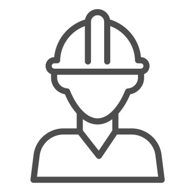 Petrol işçisi, güvenlik miğferi çizgisi ikonu inşaatçısı, petrol endüstrisi konsepti, beyaz arka planda mühendis vektör işareti, mobil konsept ve web tasarımı için taslak tarzı ikon. Vektör grafikleri.