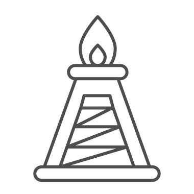 Petrol üretim istasyonu, Derrick, ateş ince çizgi ikonu, petrol endüstrisi konsepti, beyaz arka planda petrol rafinerisi vektör tabelası, mobil konsept ve web tasarımı için taslak tarzı ikon. Vektör grafikleri.