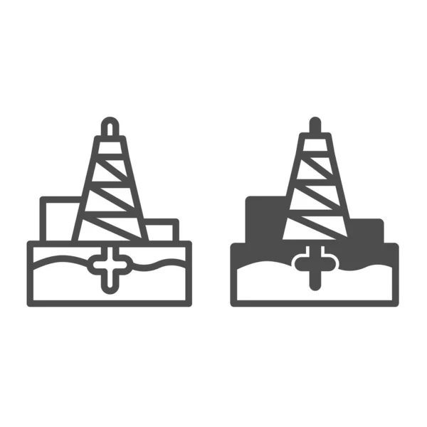 Petrol sondaj platformu hattı ve katı ikon, petrol endüstrisi konsepti, beyaz arka planda kule vektör tabelası, mobil konsept ve web tasarımı için taslak tarzı ikon. Vektör grafikleri. — Stok Vektör