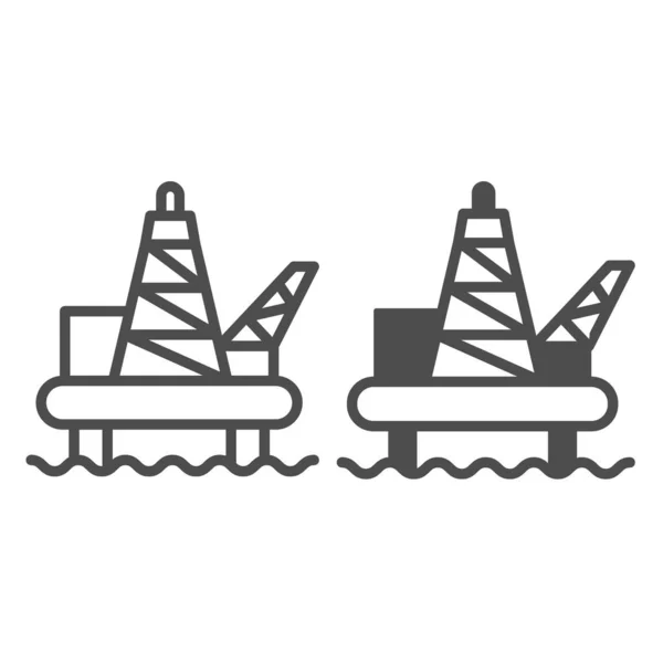 石油钻井平台岸线与实心图标、石油工业概念、白色背景水向标志上的石油平台、移动式图标和网页设计。矢量图形. — 图库矢量图片
