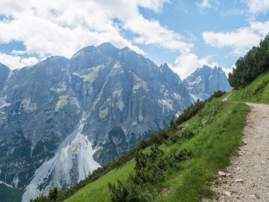 view on limestone moutain peaks footpath and spruce trees at Stubai Hohenweg, Alpine landscape of Tirol Alps, Austria. Summer blue sky, white clouds