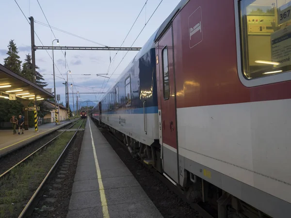 Praag, Tsjechië, 29 augustus 2020: trein op perron verlaat de trein op station Praag genaamd Nadrazi Hosthe, zomeravond — Stockfoto