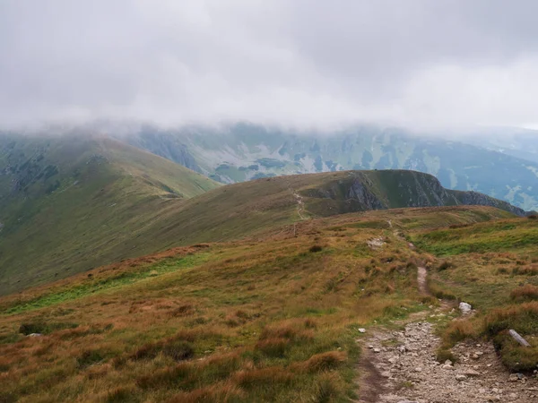 Chopok 'tan dağ çayırına kadar yürüyüş patikası, yoğun sis ve bulutlarla dolu çimenli tepe yamaçları. Alçak Tatras dağları sırtı, Slovakya, yaz sonu rüzgarlı gün — Stok fotoğraf
