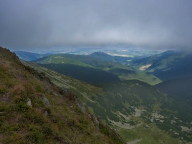 Slovakya 'nın Low Tatras Dağları Doğa Parkı' ndaki dağ çayırında Chopok 'tan itibaren uzanan çimenli tepe yamaçlarından vadi manzarası. bulutlu yaz günü