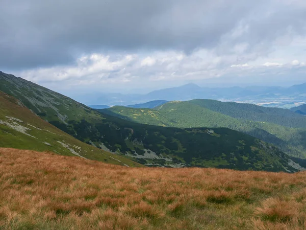 Pohled z travnatých svahů turistické stezky z Chopoku na horské louce krajiny hřebene Nízké Tatry Přírodní park, Slovensko. zamračeno pozdní letní den — Stock fotografie