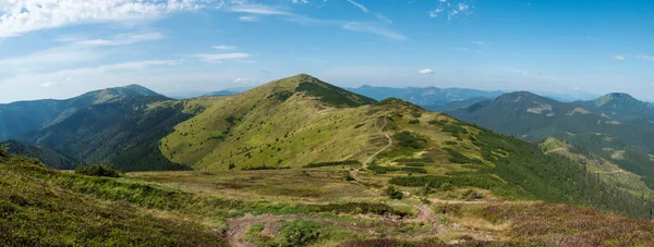 Široké panorama travnatých zelených kopců a svahů na hřebeni Nízkých Tater s turistickou stezkou, horskou loukou a borovým křovím, Slovensko, letní slunečný den, modrá obloha pozadí — Stock fotografie