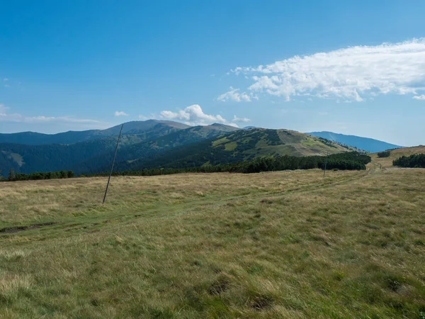 Wanderweg vom Bergrücken Chopok mit Bergwiese, Kiefernwald und Aussicht auf den Bergrücken der blauen grünen Hügel. Landschaft der Niederen Tatra, Slowakei, Sommer sonniger Tag, blauer Himmel Hintergrund — Stockfoto
