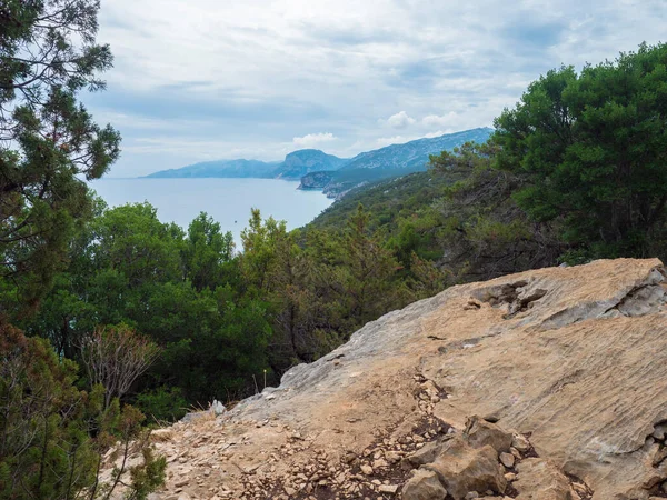 Θέα στον κόλπο του Ωροσέι με ασβεστολιθικούς γκρεμούς, πράσινους θάμνους, λευκή παραλία και γαλαζοπράσινα νερά. Διάσημος τουριστικός προορισμός στη Σαρδηνία, Ιταλία. — Φωτογραφία Αρχείου