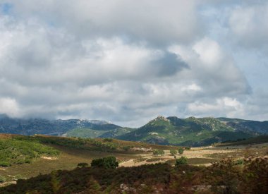 Yeşil tepeli, ağaçlı ve Akdeniz orman bitkileriyle Supramonte Dağları 'nın güzel manzarası. Ogliastra, Sardinya, İtalya. Yaz bulutlu gökyüzü.
