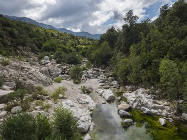 Gola Su Gorropu vadisine giden yürüyüş yolu üzerindeki kurumuş flumineddu nehri ve kireçtaşı kaya ve Akdeniz bitkisi, Nuoro, Sardinya, İtalya 'daki Supramonte Dağlarının yeşil orman manzarası.