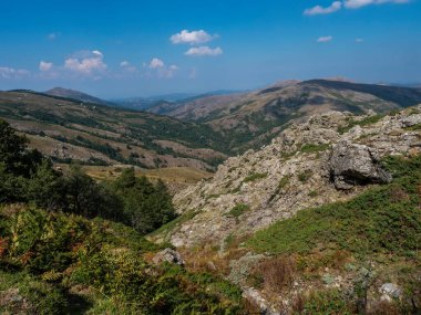 Punta La Marmora 'nın Sardinya, Nuoro, İtalya' daki Gennargentu dağındaki en yüksek dağ zirvesinden görüntü. Vaste zirveleri, kuru düzlükler ve Akdeniz bitkileriyle dolu vadiler. Yazın sonu, mavi gökyüzü
