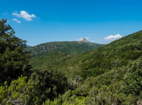 Overzicht van het Nationaal Park van Barbagia met kalkstenen toren van Perda Liana, indrukwekkende rotsformatie op groene bosheuvel, Sardische tafelberg. Midden Sardinië, Italië, zomerdag — Stockfoto