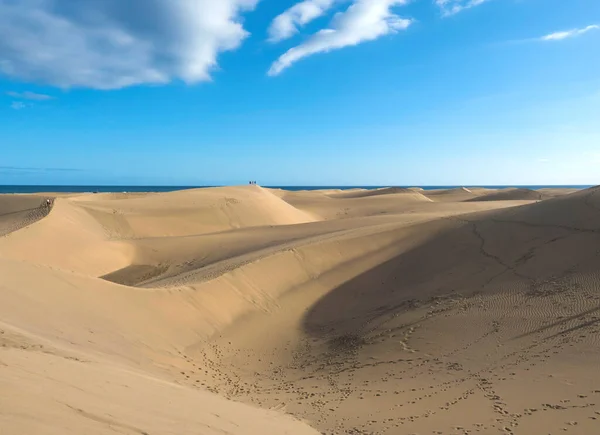 Pohled na přírodní rezervaci dun Maspalomas, zlaté písečné duny, modré nebe. Gran Canaria, Kanárské ostrovy, Španělsko — Stock fotografie