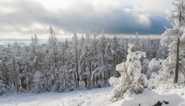 Panoramik kış manzarası, Cakova vyhlidka manzarası tarlalar, orman, köyler ve karla kaplı dalları olan karlı çam ağaçları. Brdy Dağları, Çek Cumhuriyeti 'nin merkezindeki tepeler, güneşli bir gün.
