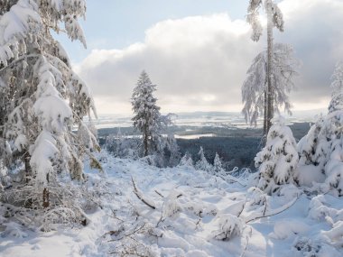 Güzel kış manzarası, Cakova vyhlidka manzarası tarlalar, orman, köyler ve karla kaplı dalları olan karlı çam ağaçları. Brdy Dağları, Çek Cumhuriyeti 'nin merkezindeki tepeler, güneşli bir gün.