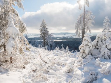 Güzel kış manzarası, Cakova vyhlidka manzarası tarlalar, orman, köyler ve karla kaplı dalları olan karlı çam ağaçları. Brdy Dağları, Çek Cumhuriyeti 'nin merkezindeki tepeler, güneşli bir gün.