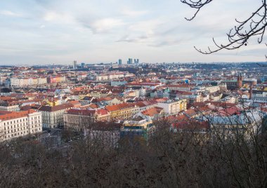 Prag şehir merkezinin hava manzarası ve birçok tarihi ve modern bina ve Vltava nehri ile gökyüzü Petrin Tepesi 'nin tepesinden görülüyor. Çek Cumhuriyeti, kış günü