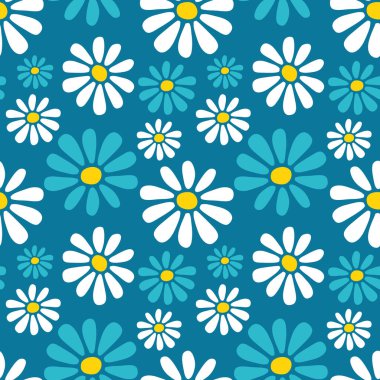 Dekoratif vektörsüz çiçek deseni, mavi yeşil arka planda beyaz ve mavi papatya çiçekleri çizilmiş. Kumaş tekstil, duvar kağıdı, ambalaj kağıdı, paket, kapaklar için Retro biçimi düz tasarım.