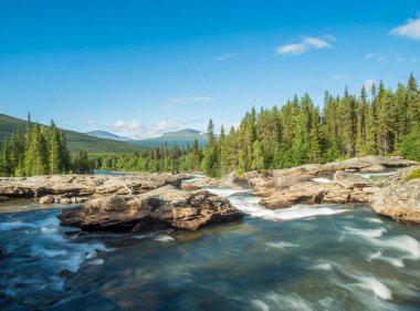 İsveç Laponya 'nın Kvikkjokk köyündeki Kamajokk nehrinin, kayaların ve ladin ağaçlarının olduğu güzel bir manzara. Yaz güneşli bir gün, mavi gökyüzü, beyaz bulutlar.
