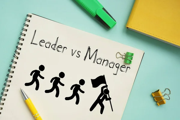 Leader vs manager vengono visualizzati sulla foto aziendale utilizzando il testo — Foto Stock