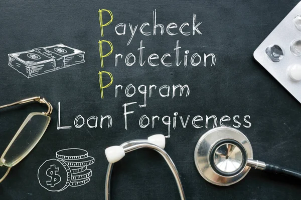 Πρόγραμμα Προστασίας Πληρωμών PPP συγχώρεση δανείου εμφανίζεται στην επιχειρηματική φωτογραφία χρησιμοποιώντας το κείμενο — Φωτογραφία Αρχείου