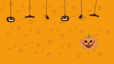Cadılar Bayramı arka plan animasyonu Balkabağı atlayışı ile Ürkütücü Kabaklar, Yarasalar ve Örümcekler